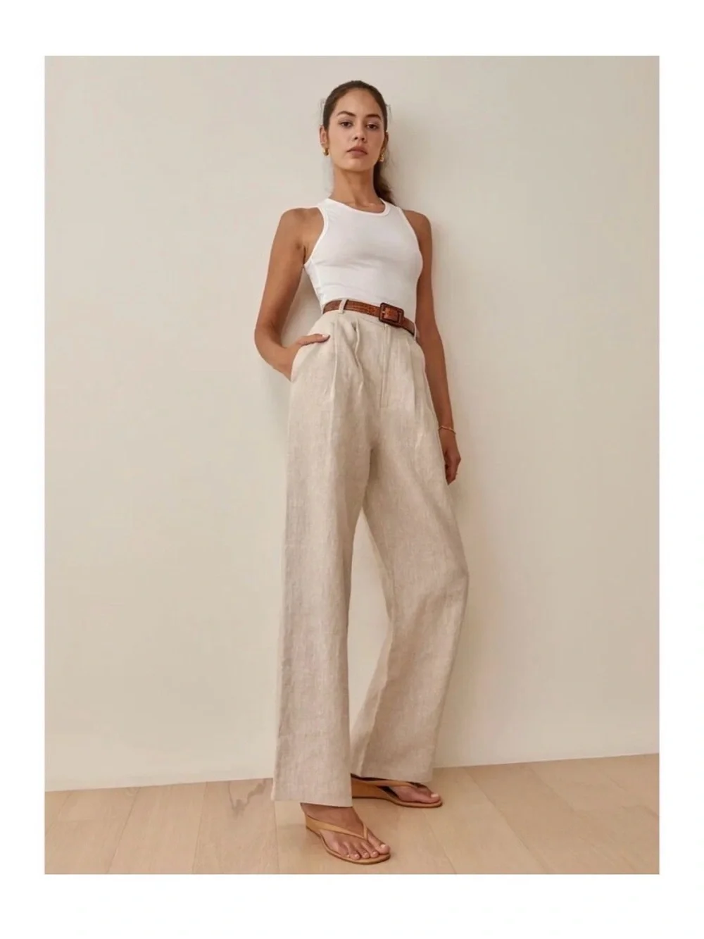 NWT REFORMATION Oatmeal Vesta Linen Pleated High Rise Pant Beachy Coastal SIZE 2